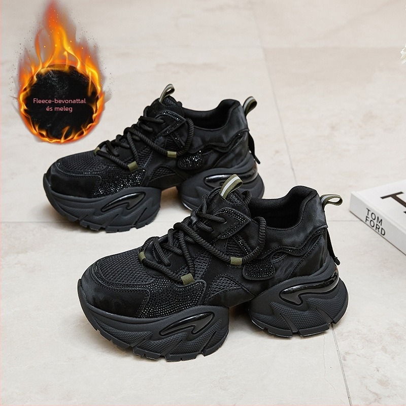 Női dad shoes magasságot növelő sportcipő — mindennapi kényelem, dupla bőr + hálós felsőrész, 6–8 cm platform, lélegző bélés