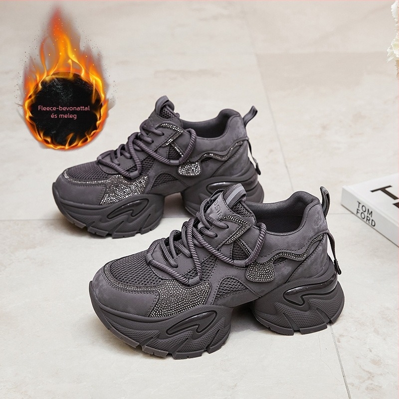 Női dad shoes magasságot növelő sportcipő — mindennapi kényelem, dupla bőr + hálós felsőrész, 6–8 cm platform, lélegző bélés