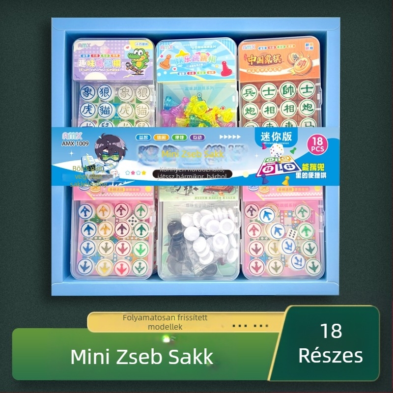 18 darabos PVC zseb játék készlet: sakk, Flying Chess, backgammon, szörny sakk és dáma; 7–14 éveseknek