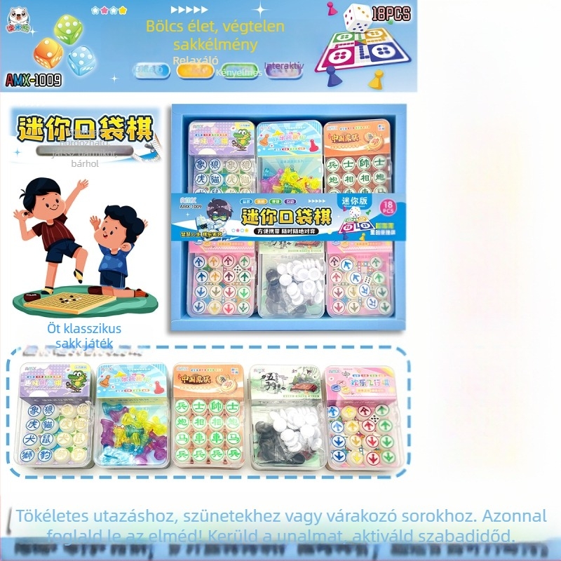 18 darabos PVC zseb játék készlet: sakk, Flying Chess, backgammon, szörny sakk és dáma; 7–14 éveseknek
