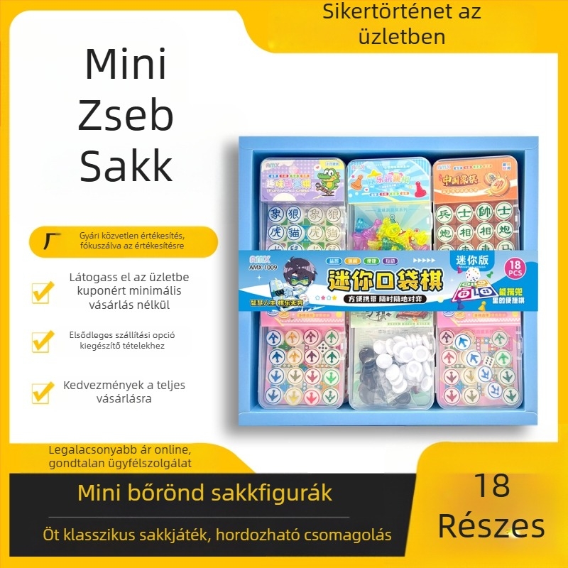 18 darabos PVC zseb játék készlet: sakk, Flying Chess, backgammon, szörny sakk és dáma; 7–14 éveseknek