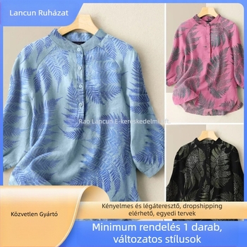 Laza polo felső levél mintával, hosszú ujjú, polo gallérral, digitális nyomtatás, poliészter