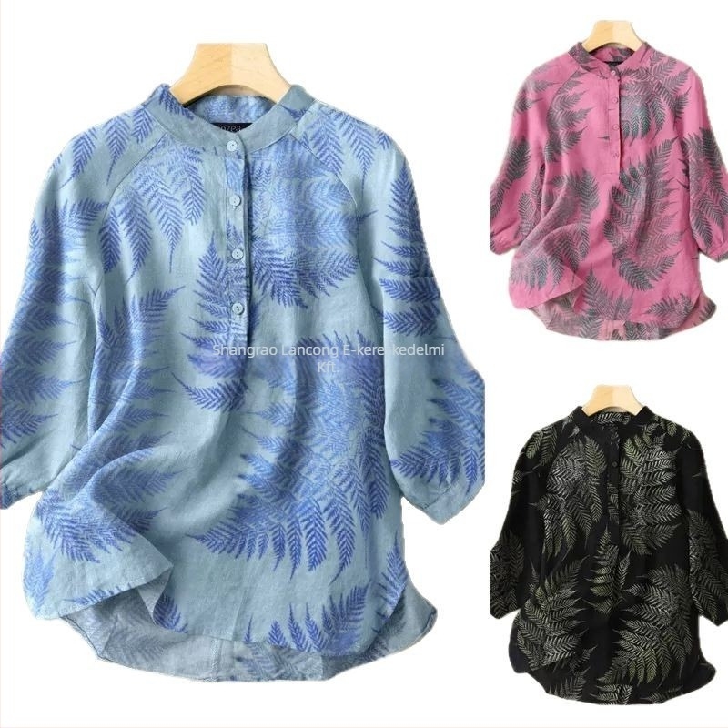 Laza polo felső levél mintával, hosszú ujjú, polo gallérral, digitális nyomtatás, poliészter