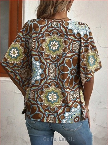 Poliészter anyagú ing, 3D hatású nyomtatás, laza szabás, V-nyakú, 3/4-es ujjak, street hipster stílus