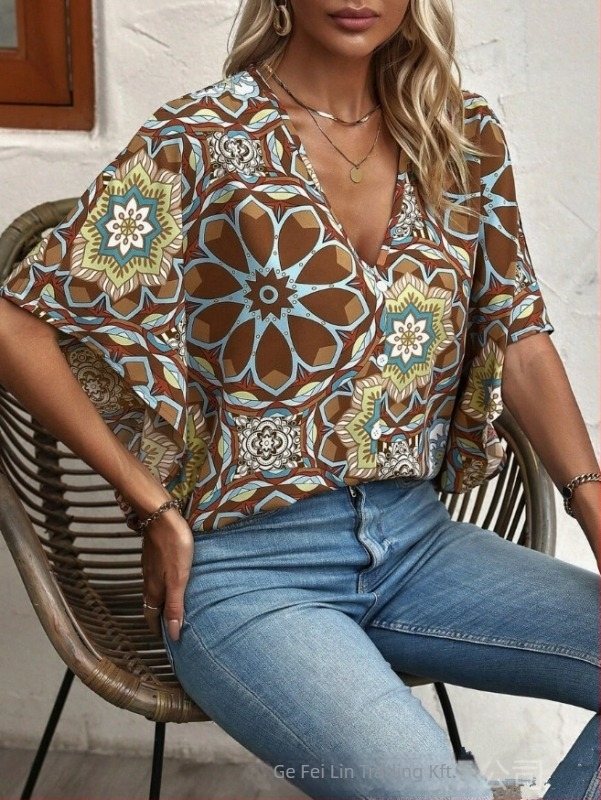 Poliészter anyagú ing, 3D hatású nyomtatás, laza szabás, V-nyakú, 3/4-es ujjak, street hipster stílus