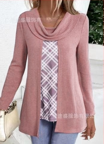 Ing hamis kettős készlet, hosszú ujjú, pile gallér, poliészter anyag, csíkos/plaid mintázat, pulóver stílus