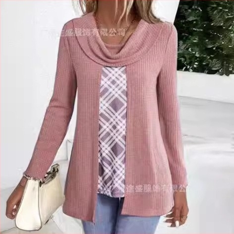 Ing hamis kettős készlet, hosszú ujjú, pile gallér, poliészter anyag, csíkos/plaid mintázat, pulóver stílus