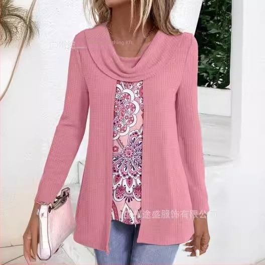 Ing hamis kettős készlet, hosszú ujjú, pile gallér, poliészter anyag, csíkos/plaid mintázat, pulóver stílus