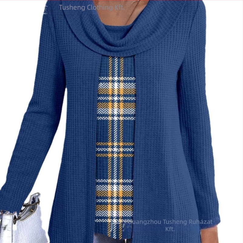 Ing hamis kettős készlet, hosszú ujjú, pile gallér, poliészter anyag, csíkos/plaid mintázat, pulóver stílus