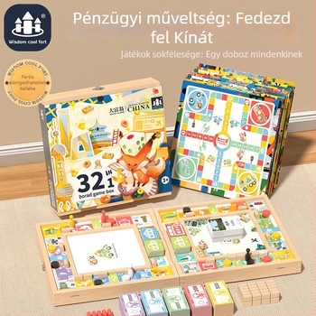 Fából készült, mindent egyben társasjáték: Ludo, Gomoku, Monopoly és még több – gyerekeknek szánt játékgyűjtemény.
