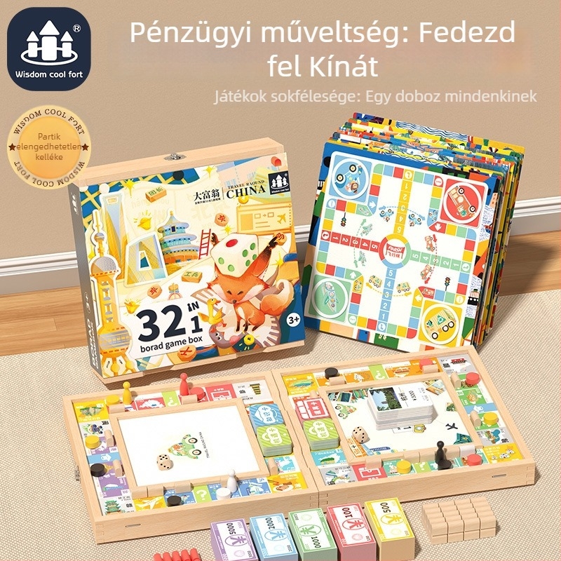 Fából készült, mindent egyben társasjáték: Ludo, Gomoku, Monopoly és még több – gyerekeknek szánt játékgyűjtemény.