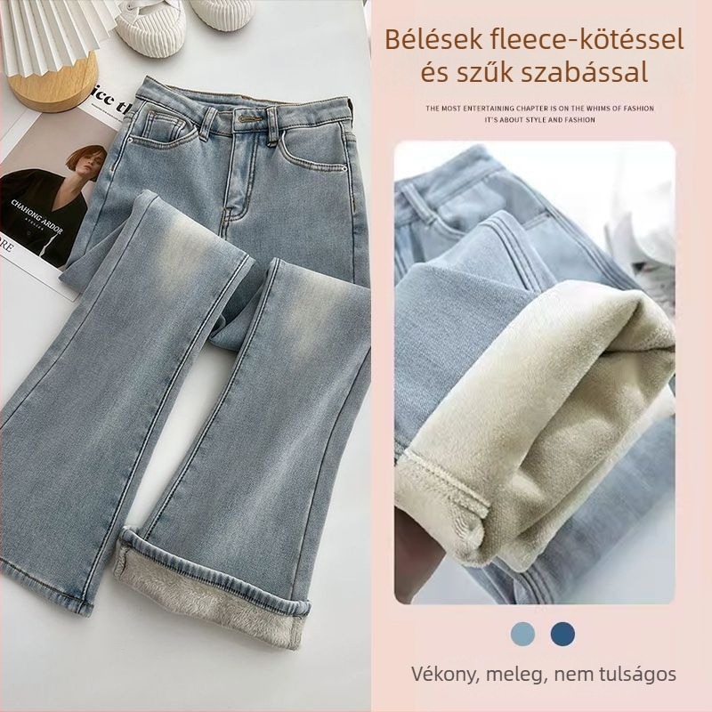 Női farmernadrág fleece béléssel, magas derekú, vastag, bő szárú, padlóig érő