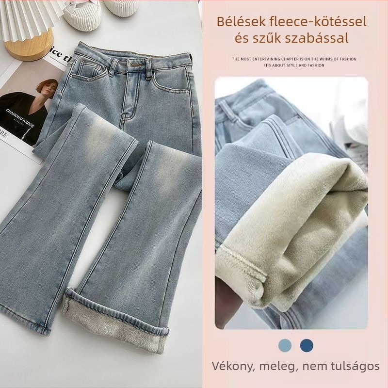 Női farmernadrág fleece béléssel, magas derekú, vastag, bő szárú, padlóig érő