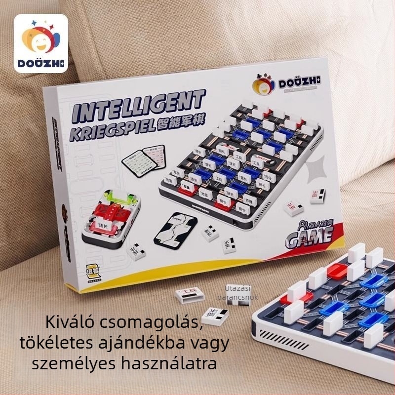 Okos katonai sakk gyerekeknek – két játékos harci kártyákkal, zászlós táblával és bíróval