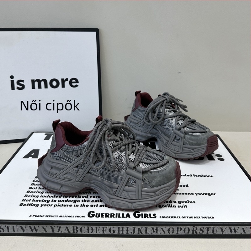 Női dad sneakers fűzős, vastag gumihab talp, mű plüss felsőrész, latex talpbetét, középmagas 3–5 cm