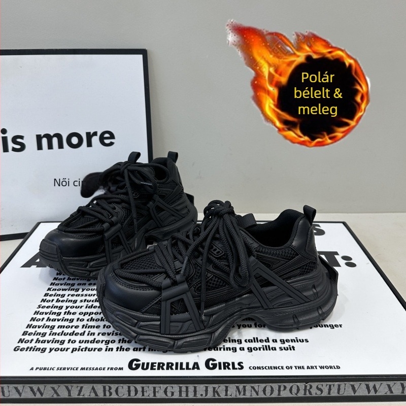 Női dad sneakers fűzős, vastag gumihab talp, mű plüss felsőrész, latex talpbetét, középmagas 3–5 cm