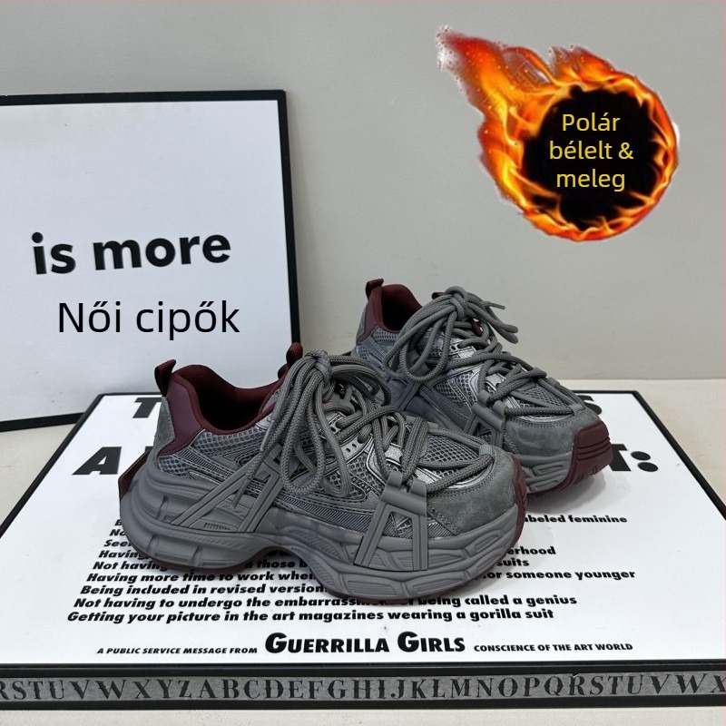 Női dad sneakers fűzős, vastag gumihab talp, mű plüss felsőrész, latex talpbetét, középmagas 3–5 cm