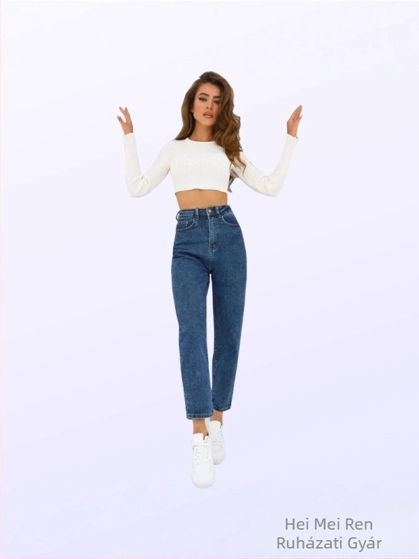 Női farmernadrág, magas derék, egyenes szabás, denim, 80–90% poliészter, nyár 2026
