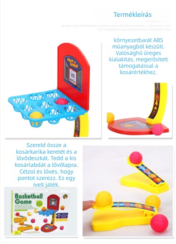 Asztali kosárlabda játék ujj-katapultával — oktató játék a kéz-szem koordinációhoz, műanyag kivitel, 4–6 éveseknek, interaktív családi játék