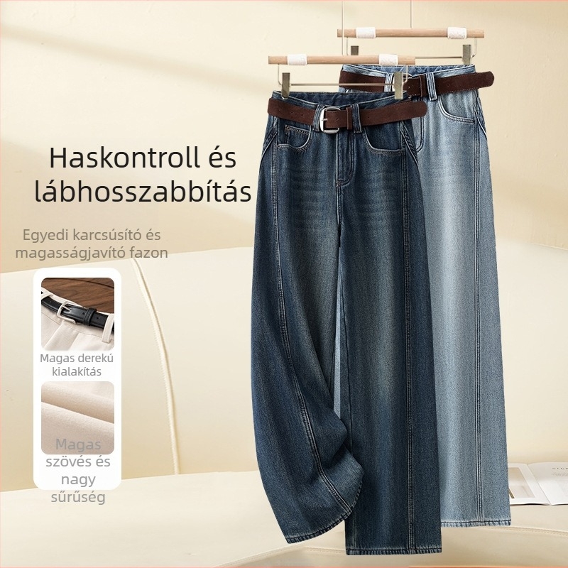 Női farmernadrág fleece béléssel, világoskék denim, lazán szabott, egyenes és bő szárú