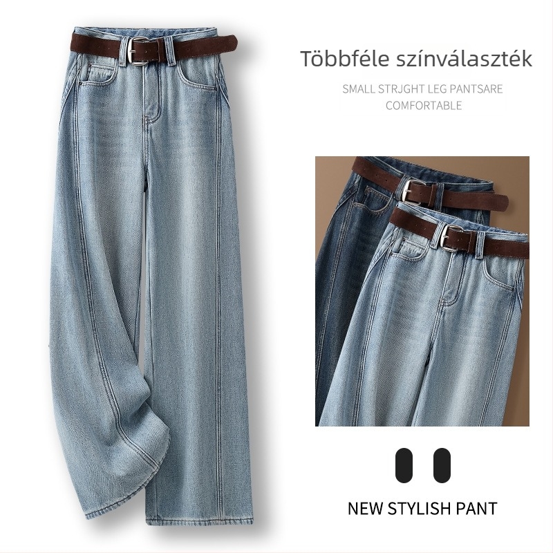 Női farmernadrág fleece béléssel, világoskék denim, lazán szabott, egyenes és bő szárú