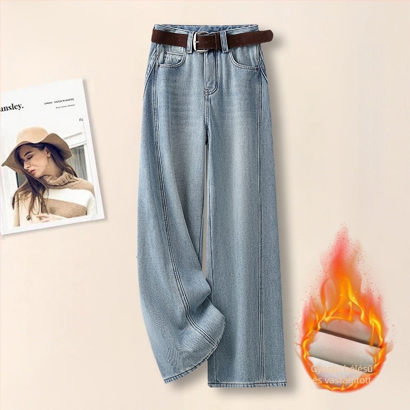 Női farmernadrág fleece béléssel, világoskék denim, lazán szabott, egyenes és bő szárú