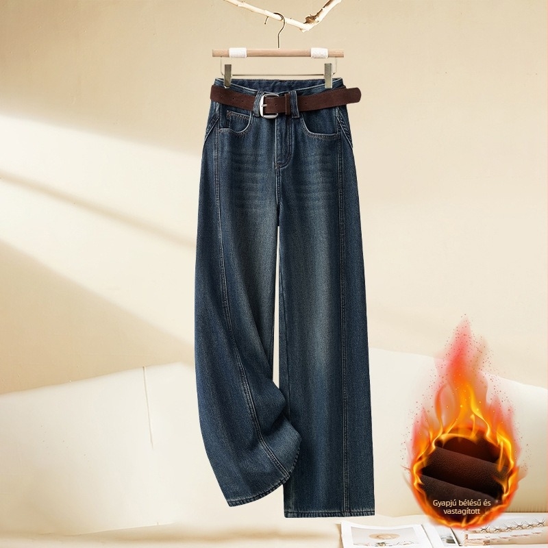 Női farmernadrág fleece béléssel, világoskék denim, lazán szabott, egyenes és bő szárú