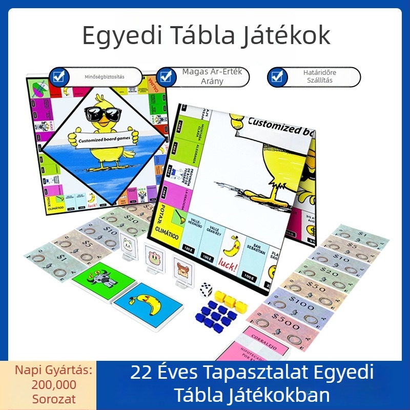 Családi interaktív társasjáték Monopoly testreszabható kártyákkal – szellemi fejlődés, bevont papír, színes doboz, 4–14 évesek