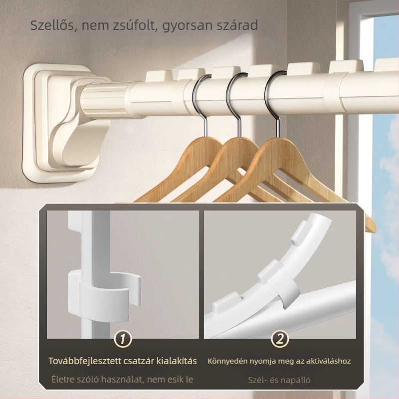 Fúrás nélküli teleszkópos ruhaszárító rúd – fix rozsdamentes acélból, erkélyre, fürdőszobába, függöny- és gardróbhasználatra.
