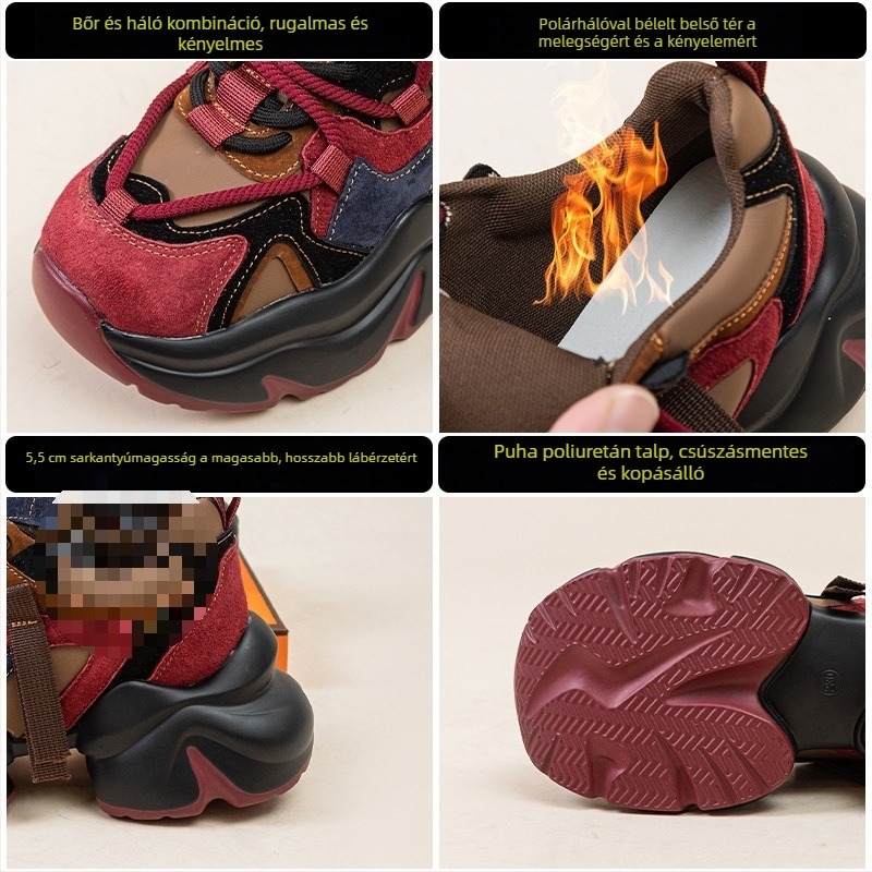 Női dad sneakers valódi bőrből, plüss bélés, fűzővel záródó, klínos sarkú 3–5 cm, kerek orr, egyszínű dizájn