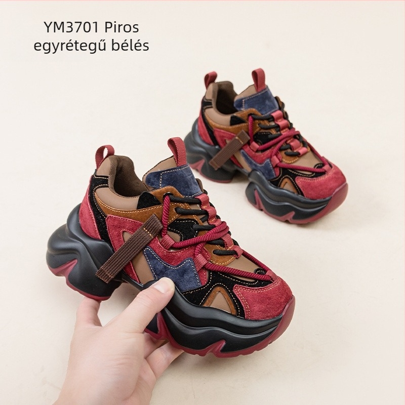 Női dad sneakers valódi bőrből, plüss bélés, fűzővel záródó, klínos sarkú 3–5 cm, kerek orr, egyszínű dizájn