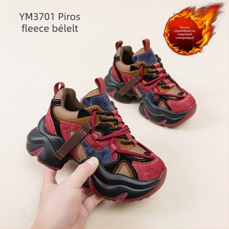 Női dad sneakers valódi bőrből, plüss bélés, fűzővel záródó, klínos sarkú 3–5 cm, kerek orr, egyszínű dizájn