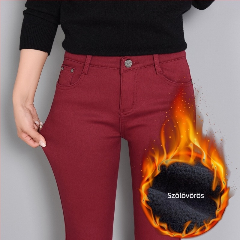Női téli farmernadrág fleece belsővel, pamut-denim anyagból, szűk szabás, középmagas derekú, mikroelasztikus