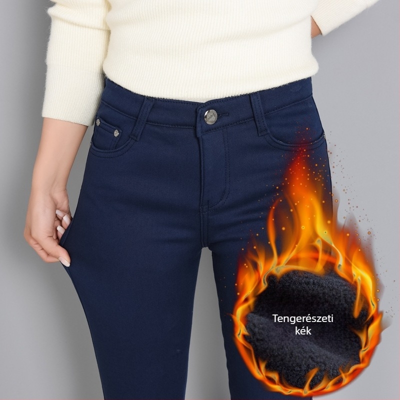 Női téli farmernadrág fleece belsővel, pamut-denim anyagból, szűk szabás, középmagas derekú, mikroelasztikus