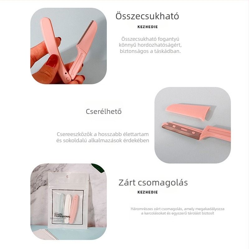 Szemöldök-trimmelő készlet biztonságos kialakítással, rozsdamentes acélból, kezdőknek – szemöldök formázása és vágása