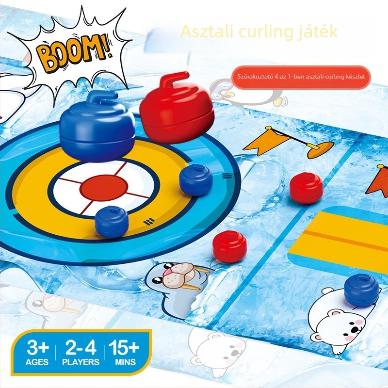 Asztali curling 4 az 1-ben – Interaktív sportos játék 4–6 éveseknek, PU anyag, cserélhető felületek: foci, kosárlabda és bowling