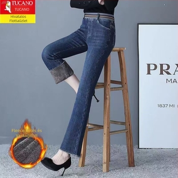 Női magas derekú farmernadrág, micro-flare, hosszú, enyhén rugalmas (70–80% denim pamut keverék; vast anyag)