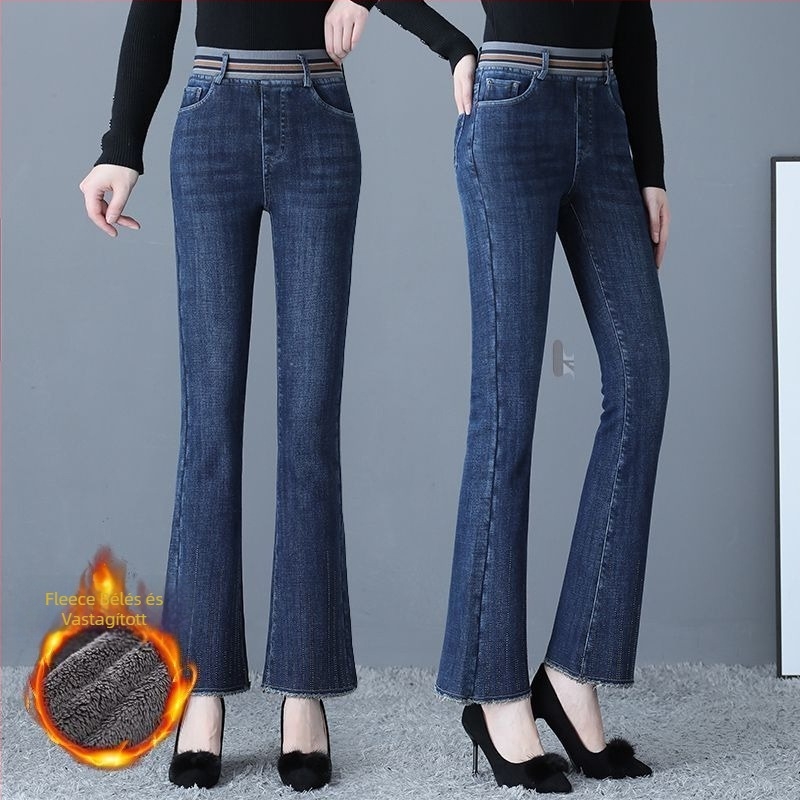 Női magas derekú farmernadrág, micro-flare, hosszú, enyhén rugalmas (70–80% denim pamut keverék; vast anyag)
