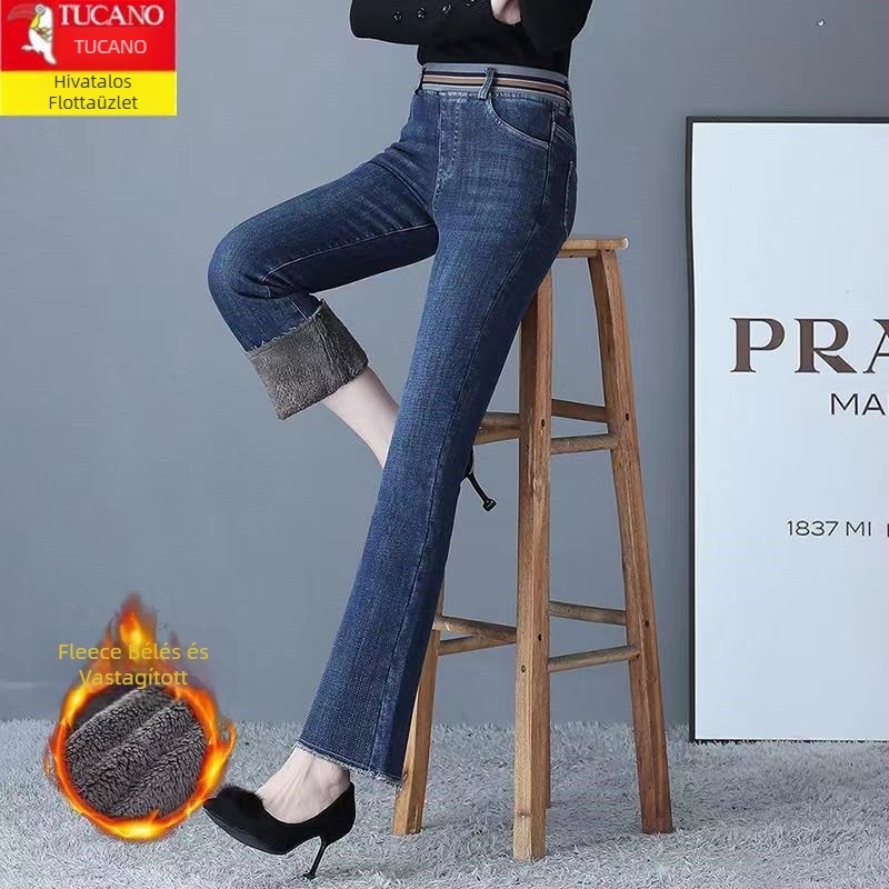 Női magas derekú farmernadrág, micro-flare, hosszú, enyhén rugalmas (70–80% denim pamut keverék; vast anyag)