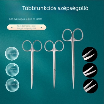Rozsdamentes acélból készült szépségolló dupla szemhéj ragasztóhoz, műszempillákhoz és szemöldökhöz — ívelt olló szempillákhoz és szemöldökökhöz