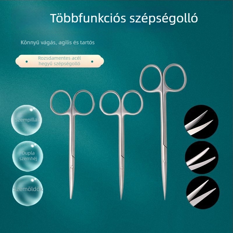 Rozsdamentes acélból készült szépségolló dupla szemhéj ragasztóhoz, műszempillákhoz és szemöldökhöz — ívelt olló szempillákhoz és szemöldökökhöz