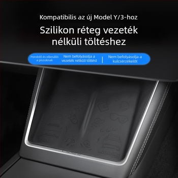 Tesla Model 3/Y középkonzolhoz tartozó vezeték nélküli töltő panel, csúszásmentes szilikon alátéttel, testreszabható, logónyomás lehetséges