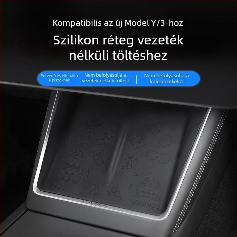 Tesla Model 3/Y középkonzolhoz tartozó vezeték nélküli töltő panel, csúszásmentes szilikon alátéttel, testreszabható, logónyomás lehetséges