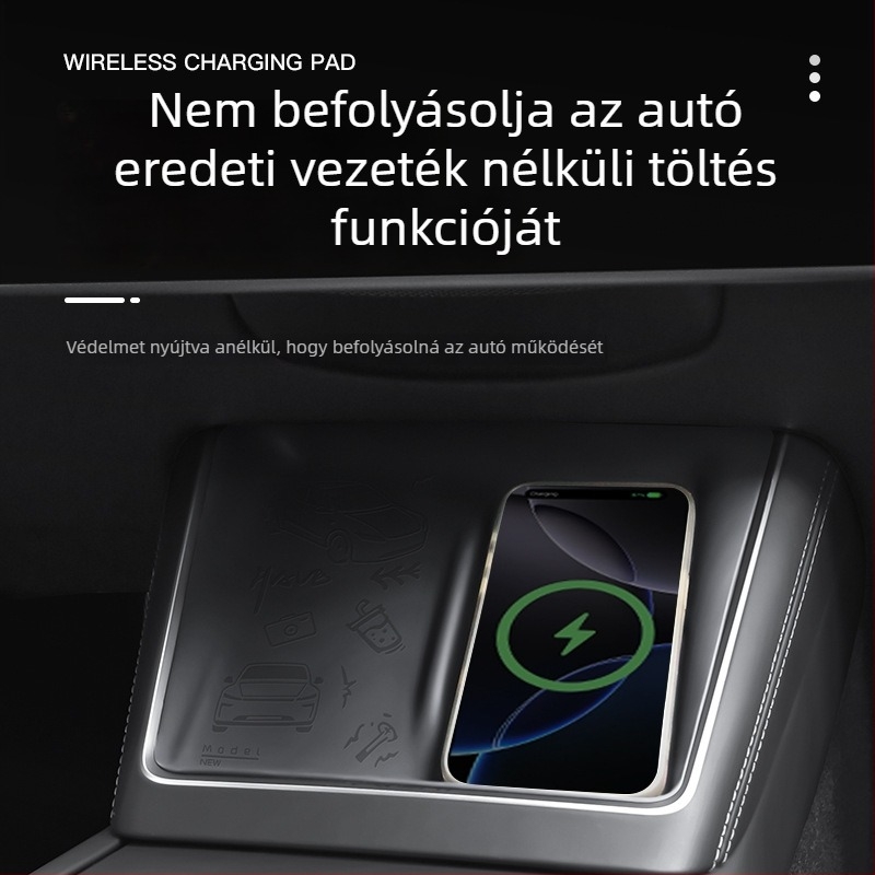 Tesla Model 3/Y középkonzolhoz tartozó vezeték nélküli töltő panel, csúszásmentes szilikon alátéttel, testreszabható, logónyomás lehetséges