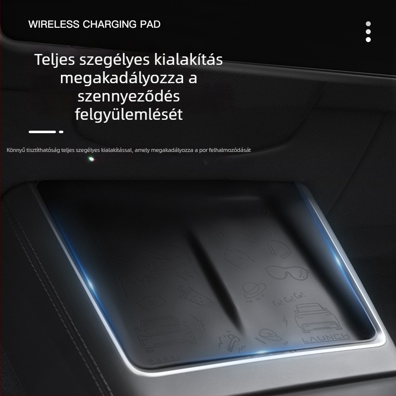 Tesla Model 3/Y középkonzolhoz tartozó vezeték nélküli töltő panel, csúszásmentes szilikon alátéttel, testreszabható, logónyomás lehetséges