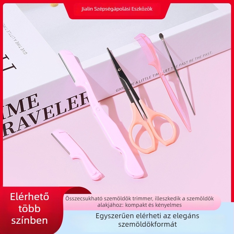 Rozsdamentes acélból készült szemöldök ápoló készlet, 5 darabos: szemöldöknyíró, fésű, trimmer, olló és szemöldök-klip