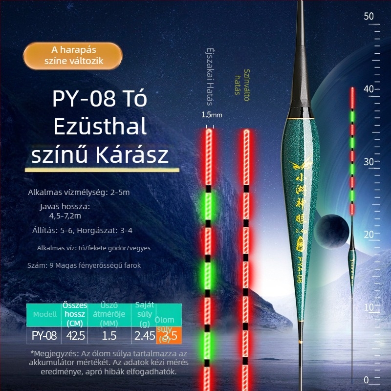 Nano anyagú éjjeli horgászúszó, nagy érzékenységű elektromos világító jelzővel, halak számára, nappal és éjjel használható