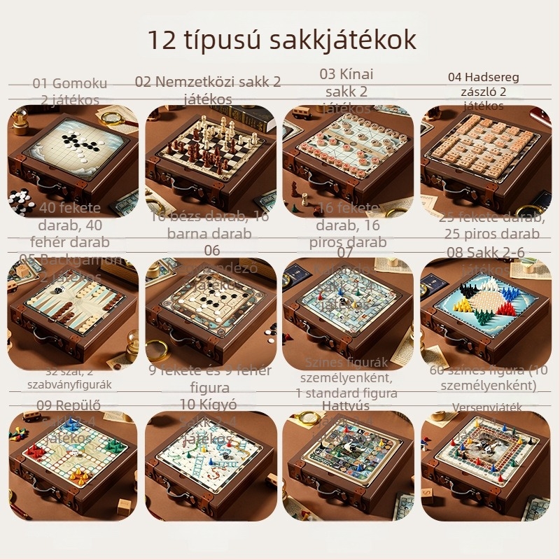 Kétszemélyes 12–in–1 fa játék tábla: sakk, Gomoku, repülő sakk, dáma — oktató és logikai készségfejlesztő játék