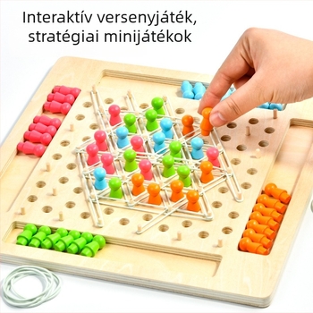 Fából készült szegtábla háromszög sakk játék – családi tanulós játék 4–6 éveseknek