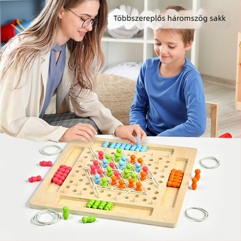 Fából készült szegtábla háromszög sakk játék – családi tanulós játék 4–6 éveseknek